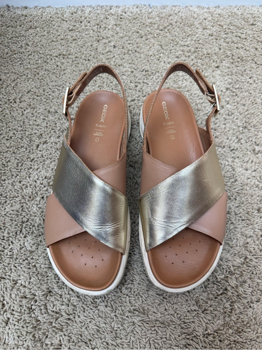 Geox Sandals with Metallic Gold & Tan Cross Straps